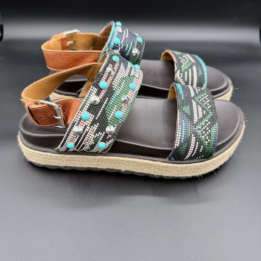 Stokton Italy Women 38 Woven Studded Turquoise Platform Espadrille Sandals